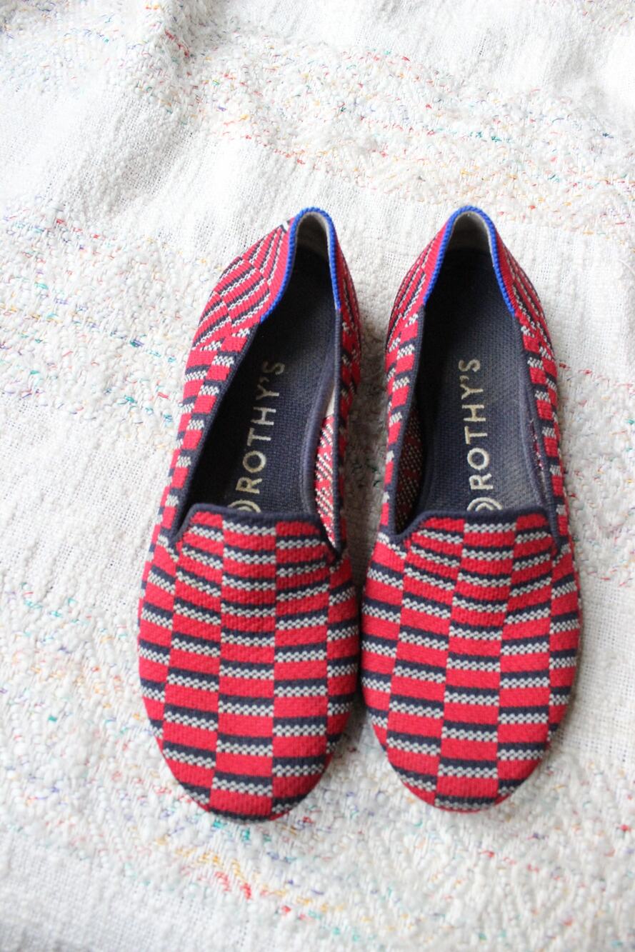 Rothy's Cherry Red Blue Mosaic Patterned Loafers Size 6.5